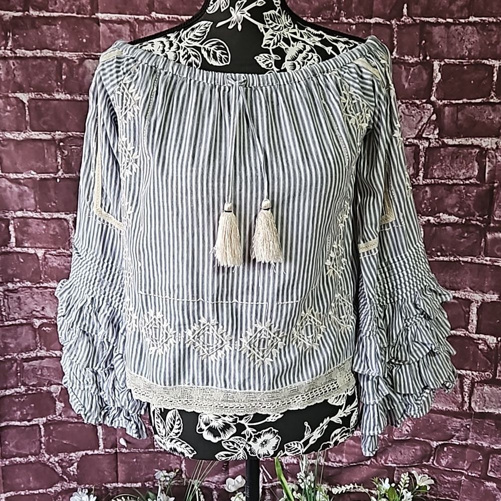 Love Sam Off Shoulder,Pinstriped,Boho Embroidered Top with Layered Cuffs
